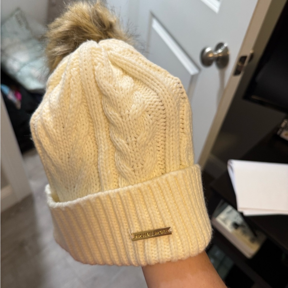 Michael Kors Ivory Cable Knit Beanie with Faux Fur Pom